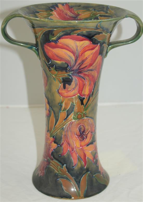 A William Moorcroft Spanish pattern tall two handled vase, c.1917, 27cm, section of foot restored